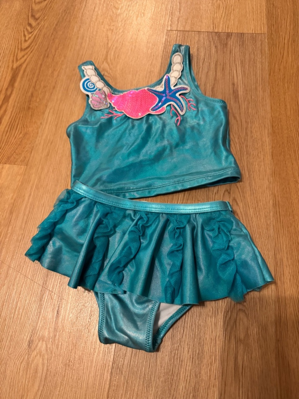 Flapdoodles Teal Girls Two-Piece Mermaid Swim Set with Pink & Blue Appliqué